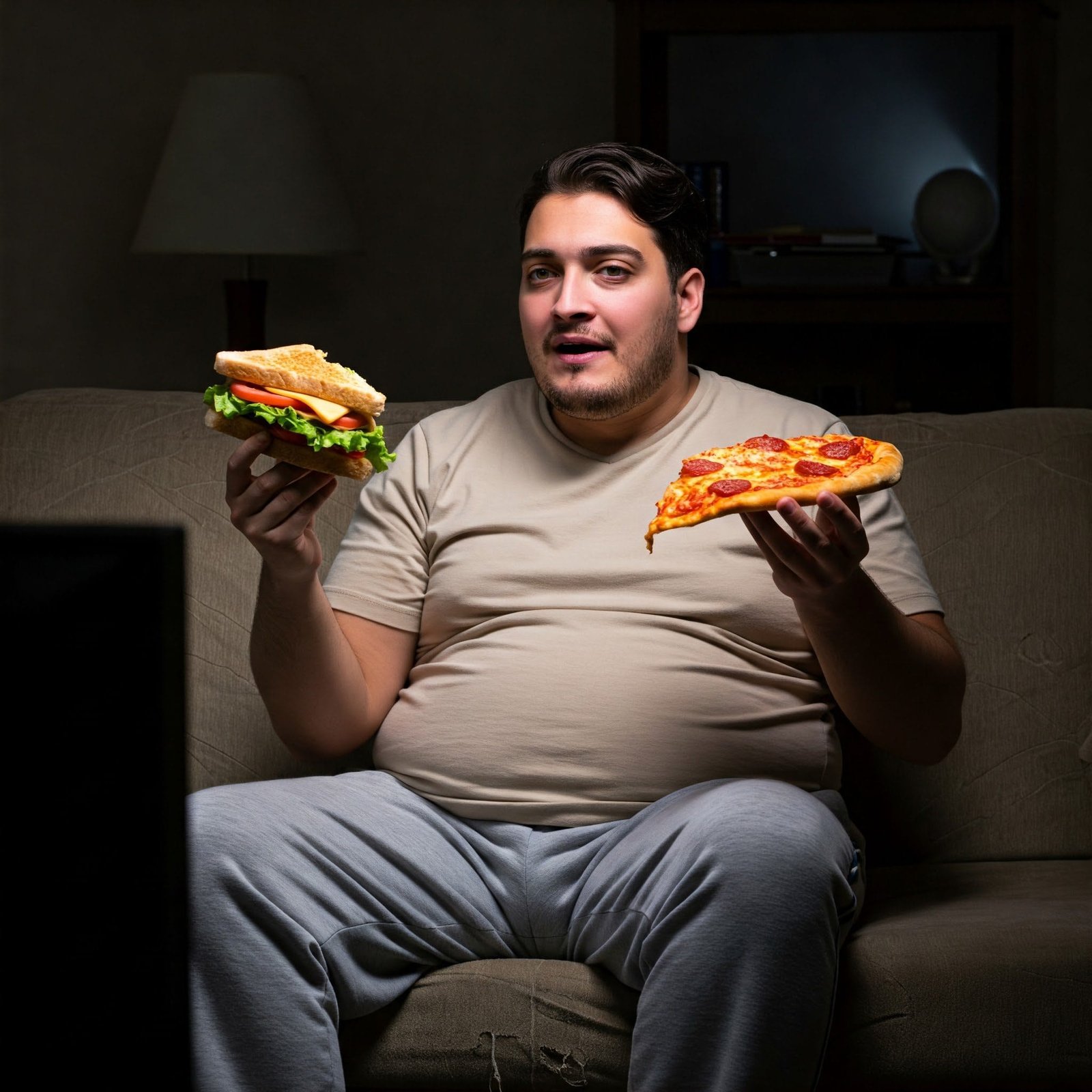 Homem com sobrepeso segurando alimentos calóricos, representando fatores de risco para doenças metabólicas