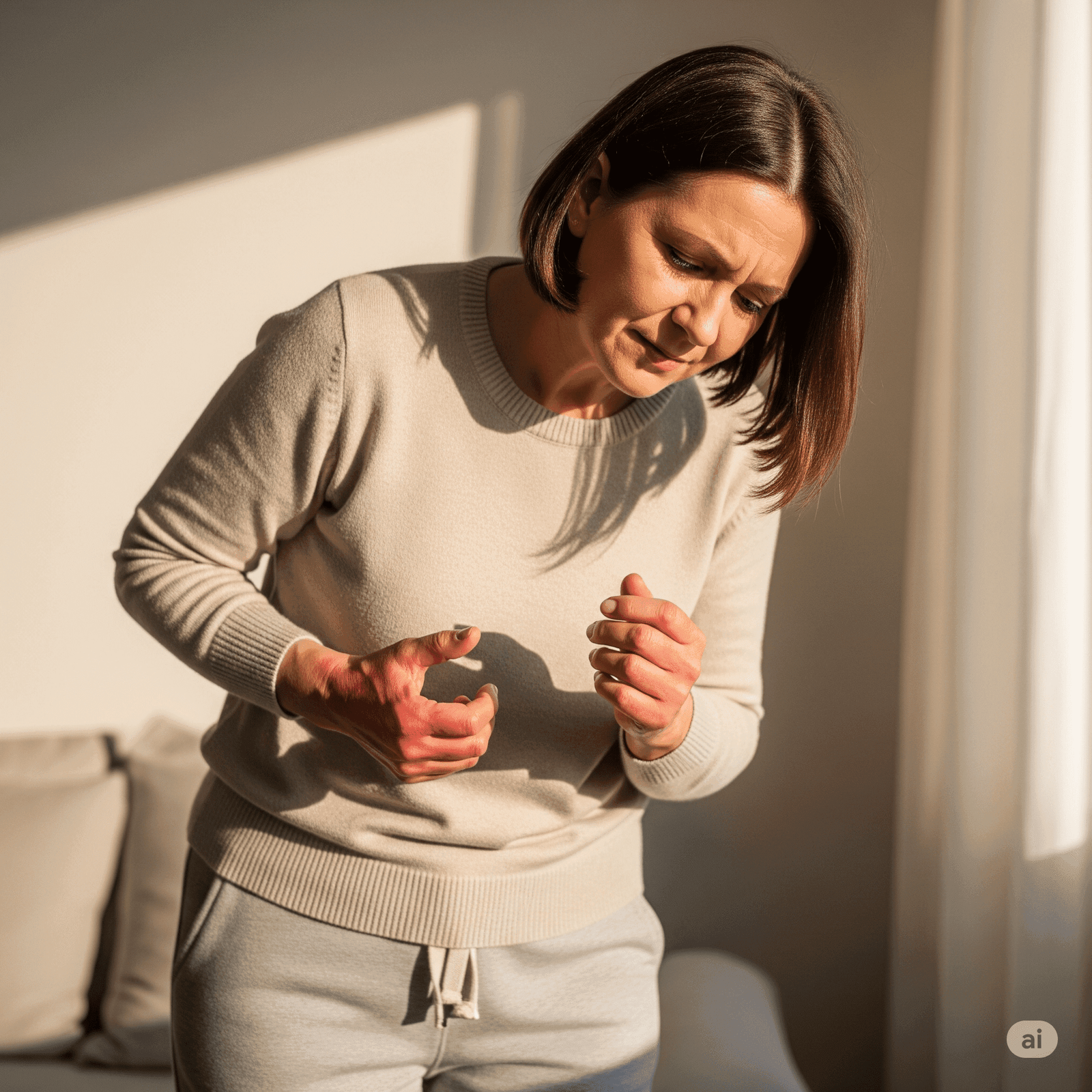 Mulher sentindo dores nas articulações nas mãos ou Exemplo de dor causada por artrite ou artrose nas articulações