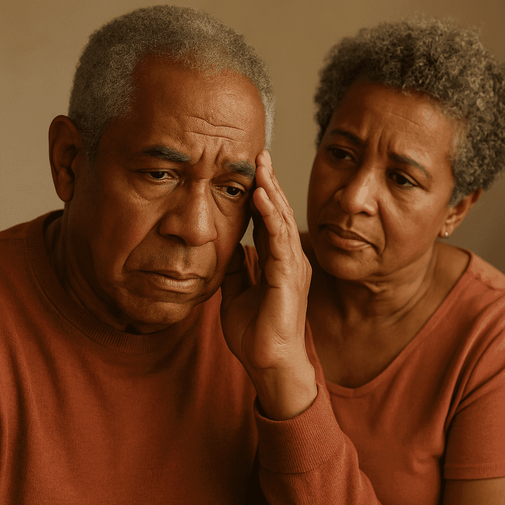 Casal idoso em conversa séria, representando pacientes com Alzheimer