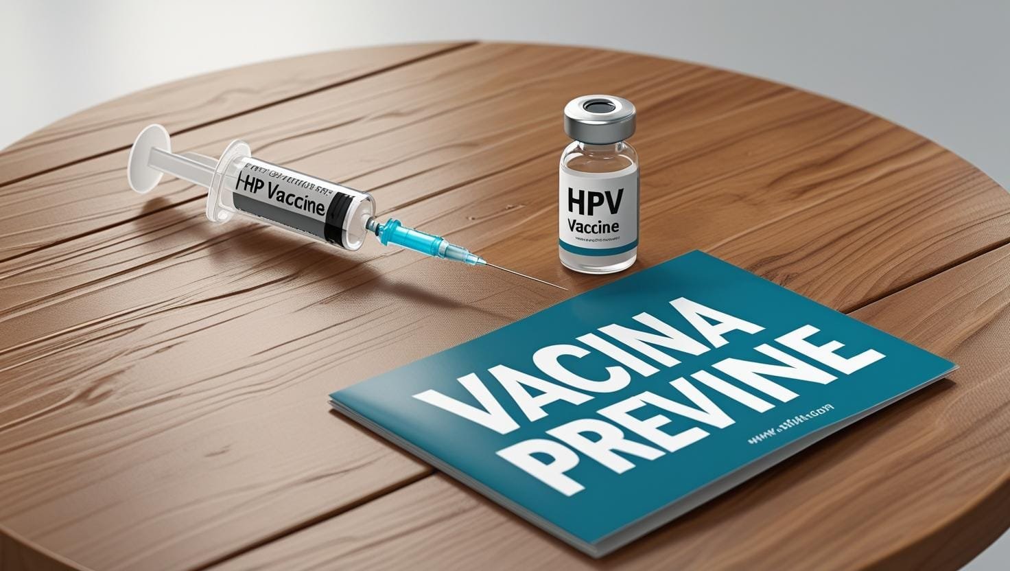 create a clear image of a table with a syringe and needle and a vial of HPV 20250619 101422 0000