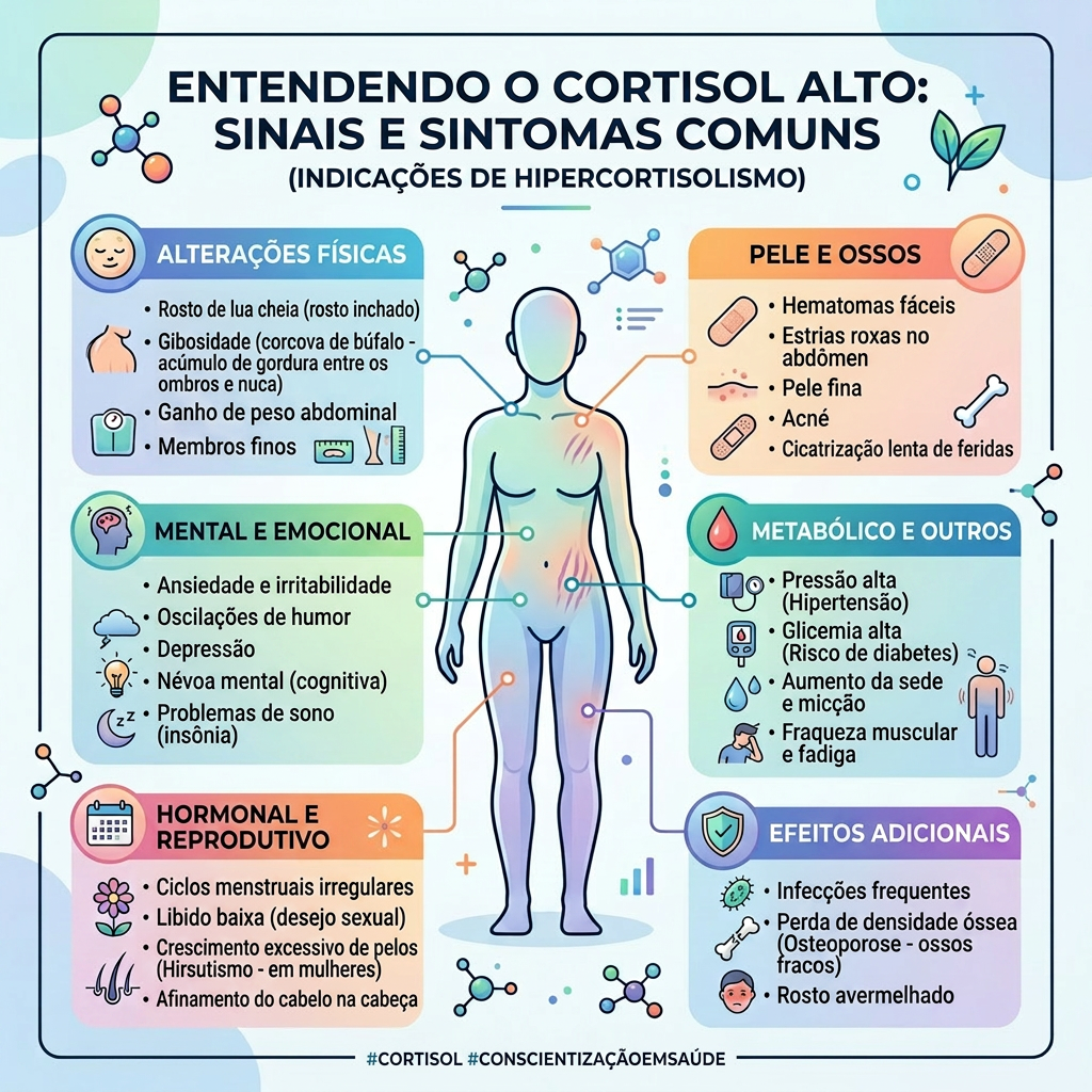 Diagram showing signs and symptoms of high cortisol including physical changes, skin and bones, mental and emotional issues, metabolic problems, hormonal and reproductive effects, and additional effects.