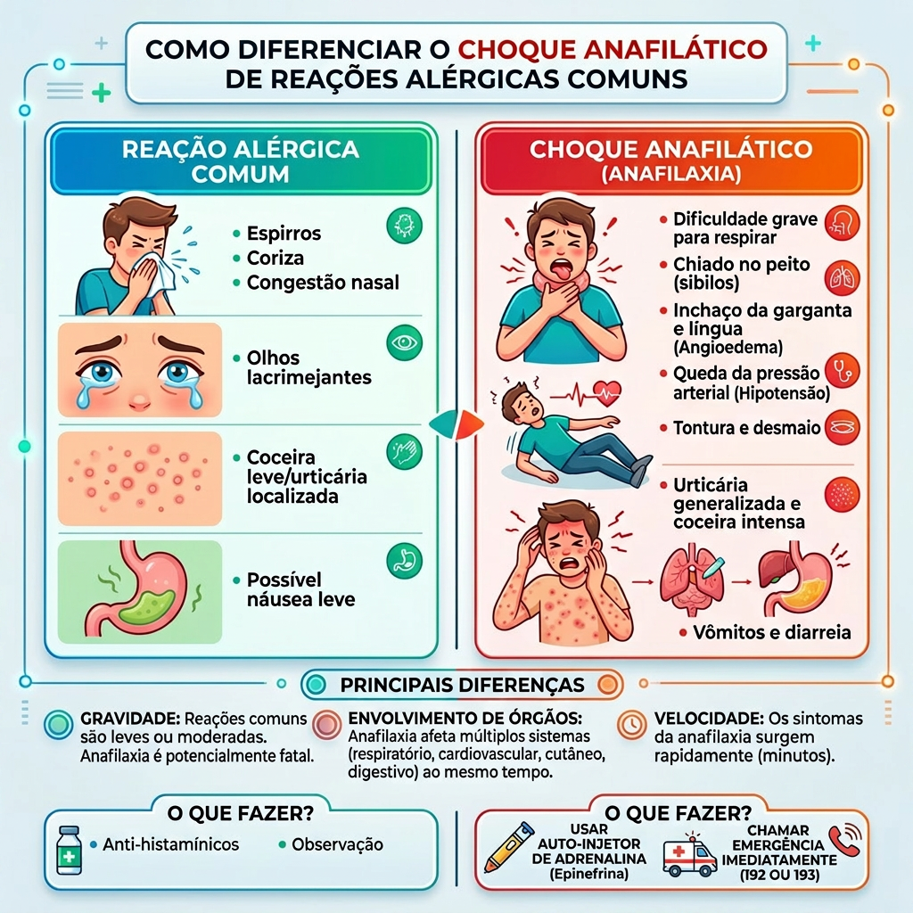 Quadro comparativo entre reações alérgicas comuns e choque anafilático com sintomas e medidas a tomar